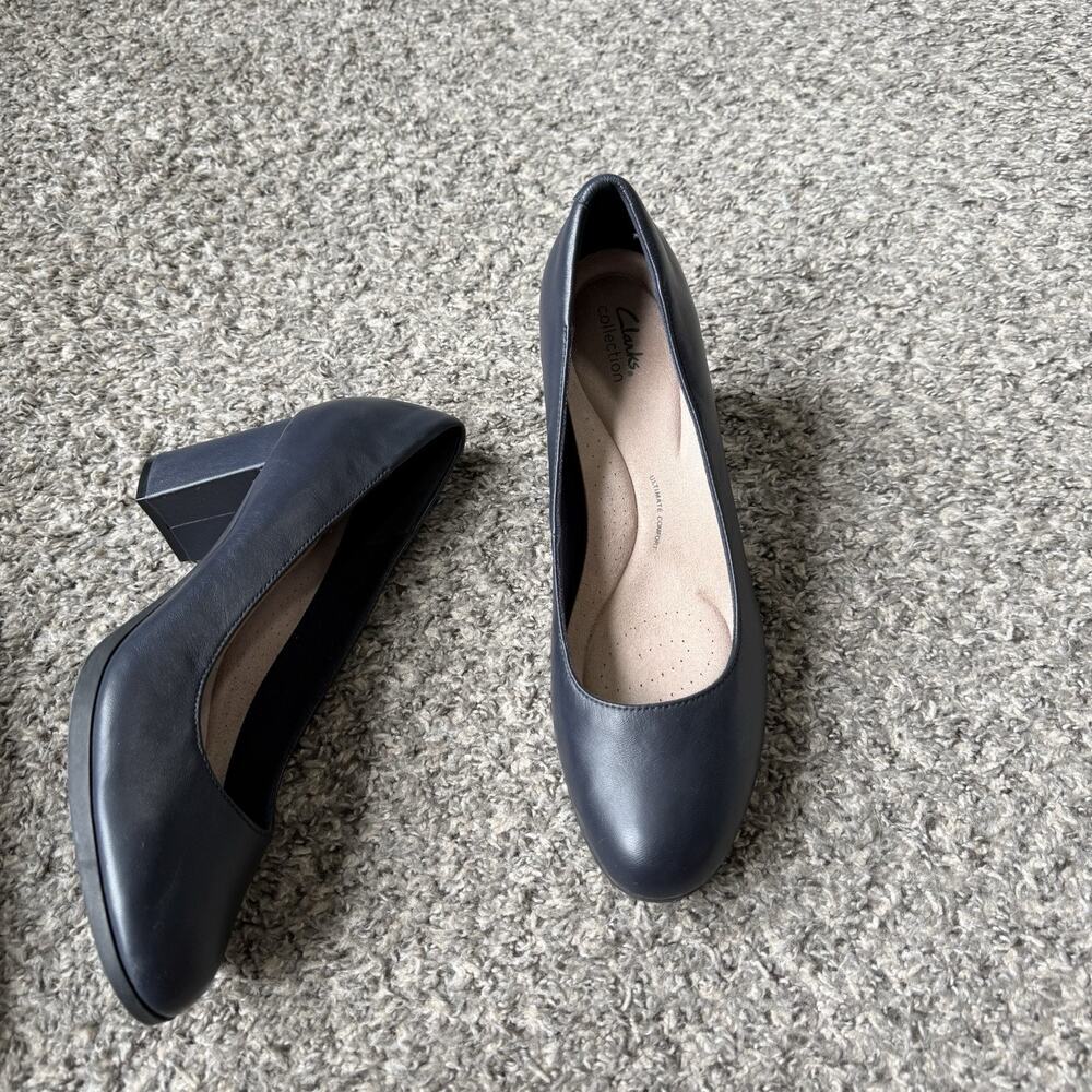 Clarks Bayla Skip Womens Pumps 12 M Block Heel Navy Blue Leather Slip-On Shoes